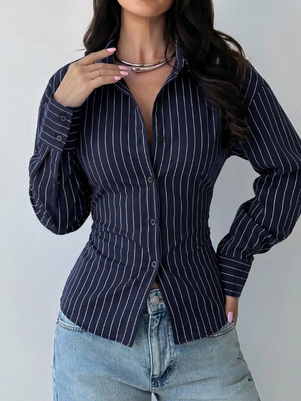Navy Blue Casual Women's Striped Drop Shoulder Regular Fit Shirt - Picture 3 of 7